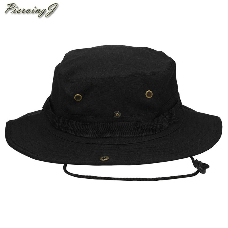 Sombrero para el sol, panamá, con solapa, transpirable, boonie multicam, estilo nepalí, camuflado, para pesca al aire libre, ala ancha, con cordón.: 1pc negros