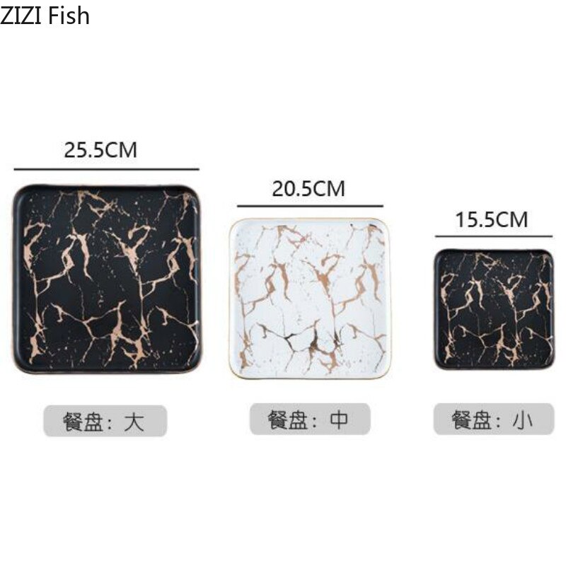 Quadrat Geschirr Marmor Platten Keramik Geschirr Gold Inlay Porzellan Nachtisch Platte Steak Salat Snack Kuchen Platten