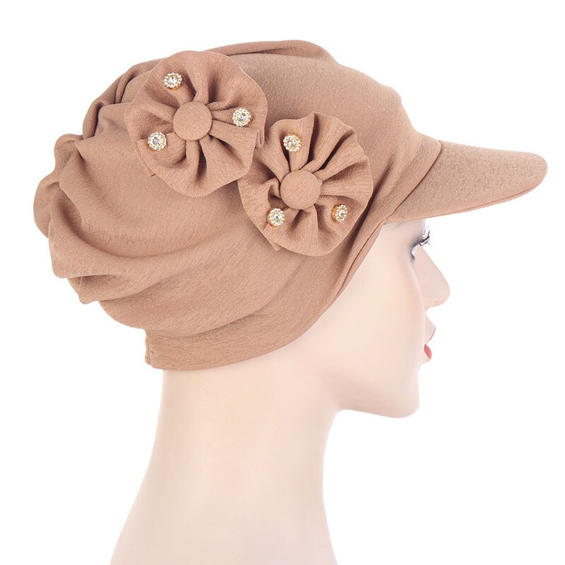 Muslim Turban Hijab Cap Women Turban Hat With Brim Flowers Head Wraps Solid Sun Protection Hats Lady Head Wear Turban