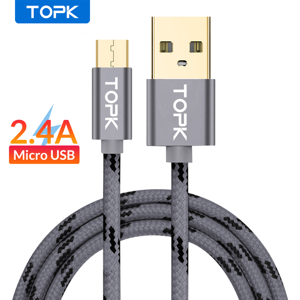 Topk Originele Micro Usb Kabel Met Metalen Shell Vergulde Connector Gevlochten Draad Voor Samsung / Sony / Xiaomi / Android Telefoon