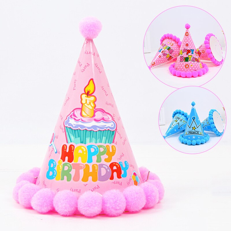 Birthday Caps Baby Kid Rainbow Birthday Party Hat Child Crown Decoration Pompon Paper Cap Cartoon Pattern Festival Birthday Hat