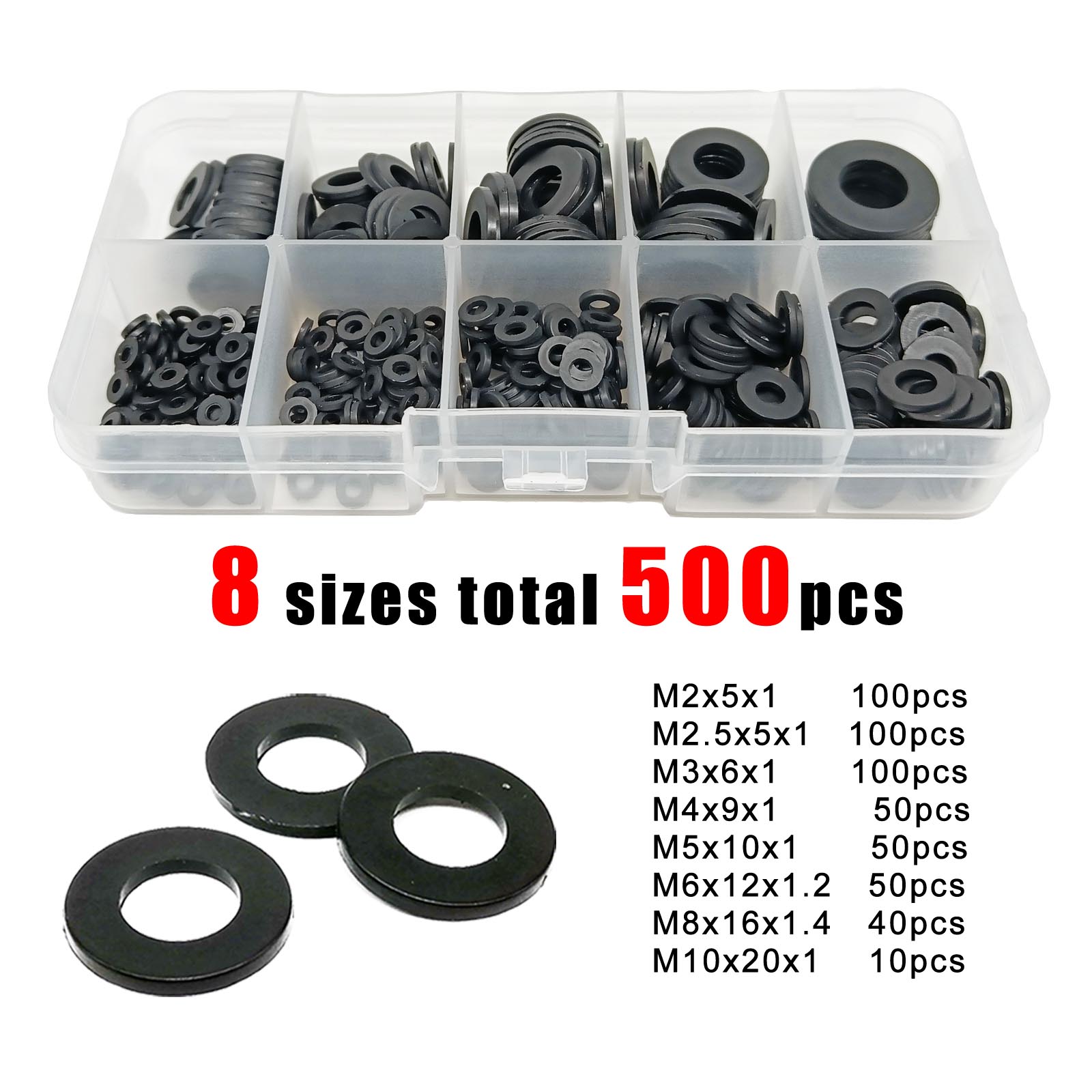 1150/700/500pc caixa de plástico náilon arruela plana espaçador simples anel junta isolamento variedade kit conjunto m2 m2.5 m3 m4 m5 m6 m8 m10: Preto