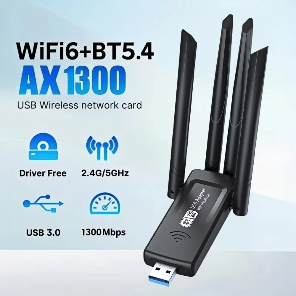 1300 Mbit/s WiFi-USB-Adapter WiFi6 Bluetooth 5.4 Dualband-Netzwerkkarte 2,4 G + 5,8 GHz 4 Antennen USB-Funkempfänger für PC/Laptop: WEISS