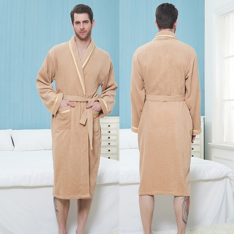 Winter Robe Men 100% Cotton Dressing Gown Bathrobe Men Solid Color Men&#39;s Cotton Robe Home Clothes Sleeping Robe Men Bridesmaid: Khaki / L(168-185cm)