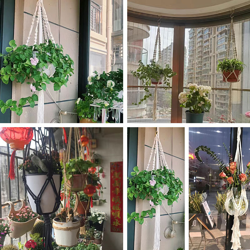 Cesta colgante de macramé hecha a mano para plantas, soporte para macetas de jardín, decoración colgante de pared de macramé para balcón, cuerda de elevación anudada, decoración del hogar