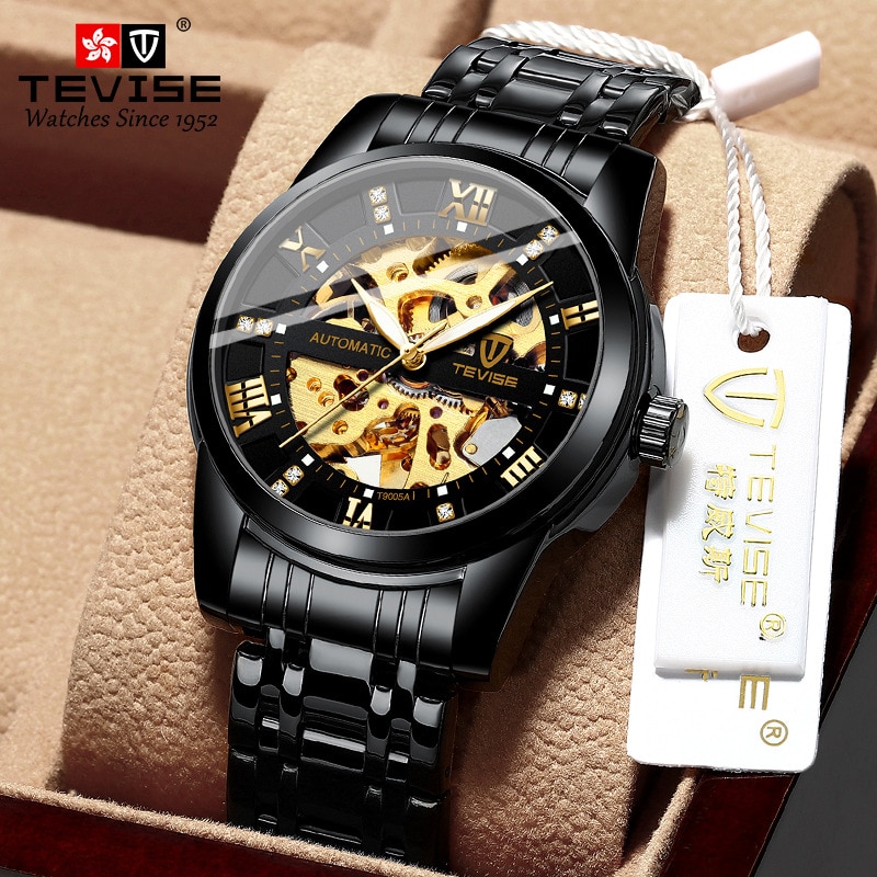 Top Luxe Mens Automatische Horloges Mannen Roestvrij Staal Skeleton Mechanische Horloge Cadeaus Voor Mannen