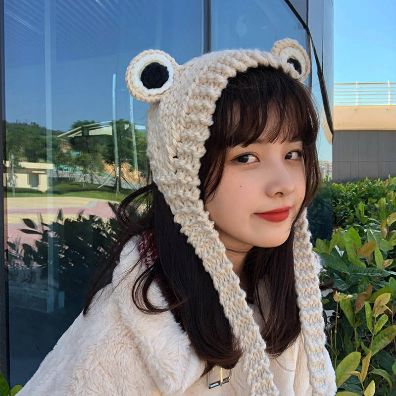 Gorro de punto de rana para mujer, gorros gruesos de , cálidos y dulces, coreanos, para chica estudiante, otoño e invierno, 2022