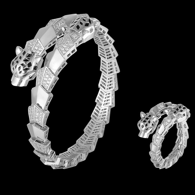Zlxgirl luksuriøse justerbare mikro pave leopard form dyr armring smykke sæt guld farve armbånd & armbånd gratis æske tasker: Sølv / 8