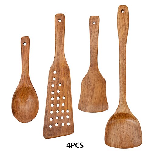 Espátula de madera Utensilios de cocina Espátula Kemu natural Utensilios de cocina antiadherentes Cuchara Vajilla Herramientas Artilugios de madera Utensilios de cocina ecológicos Utensilios de mesa Utensilios de cocin: 4PCS