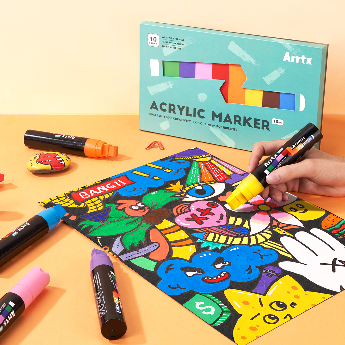 Arrtx 15mm Jumbo Acrylic Markers, 10 Colors Acrylic Paint Pens for Rock Stone Ceramic Porcelain Mug Wood Fabric Canvas Painting