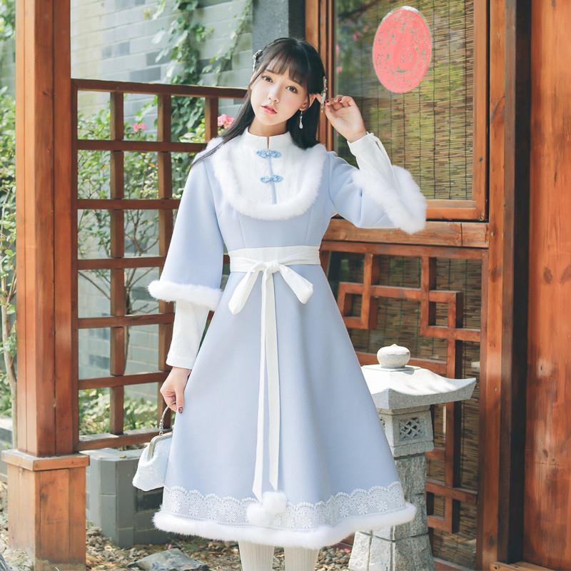 Vestido de estilo chino de hermana Lolita para mujer, ropa de princesa con cordones, mezcla de lana dulce tradicional Vintage, Hanfu femenino