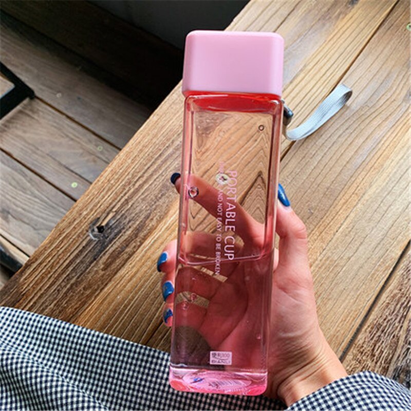 Cute Square Plastic Water Bottles BPA Free Transparent Frosted Outdoor Portable Camping Hiking Tour Drinking Bottle Water: Transparent Pink
