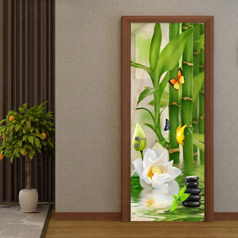 3D Sticker Chinese Style Green Bamboo Photo Wallpaper Living Room Study Kitchen Door Sticker PVC Self-Adhesive Waterproof Decor
