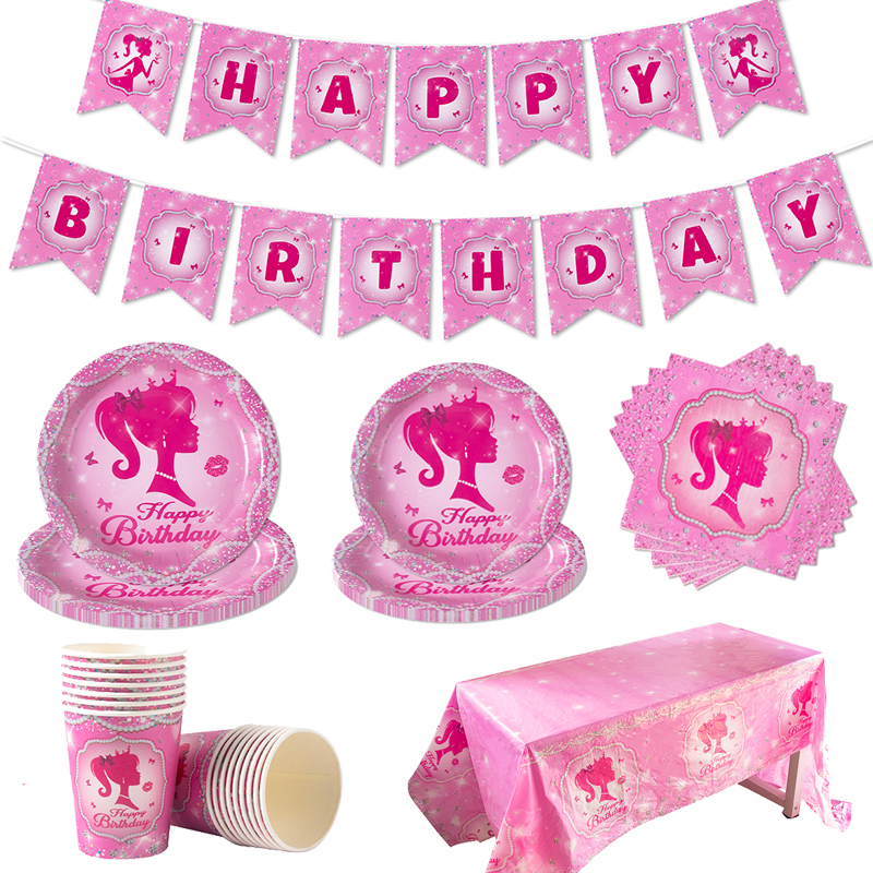Vaisselle jetable pour fête à thème rose pour filles, assiette en papier, tasse, serviette, princesse, décor de fête d'anniversaire pour enfants, fournitures de réception pour bébé