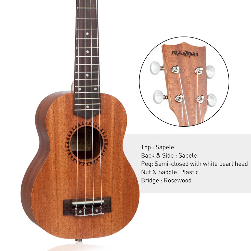 NAOMI Ukulele 21 Inch U01-S Sapele Student Ukuele 15 Frets Nylon Strings Children Ukulele Christmas