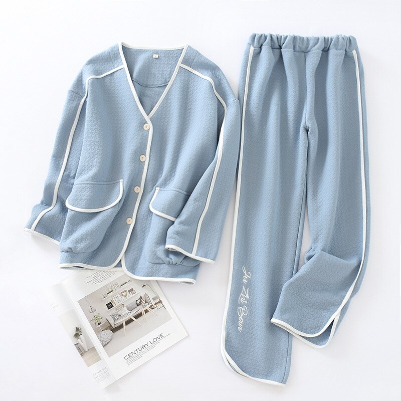 PrinStory Dames Pyjamasets Lange Mouwen Nachtkleding Ronde Hals Top en Wijde Broek Loungewear Pyjamas met Zakken, L