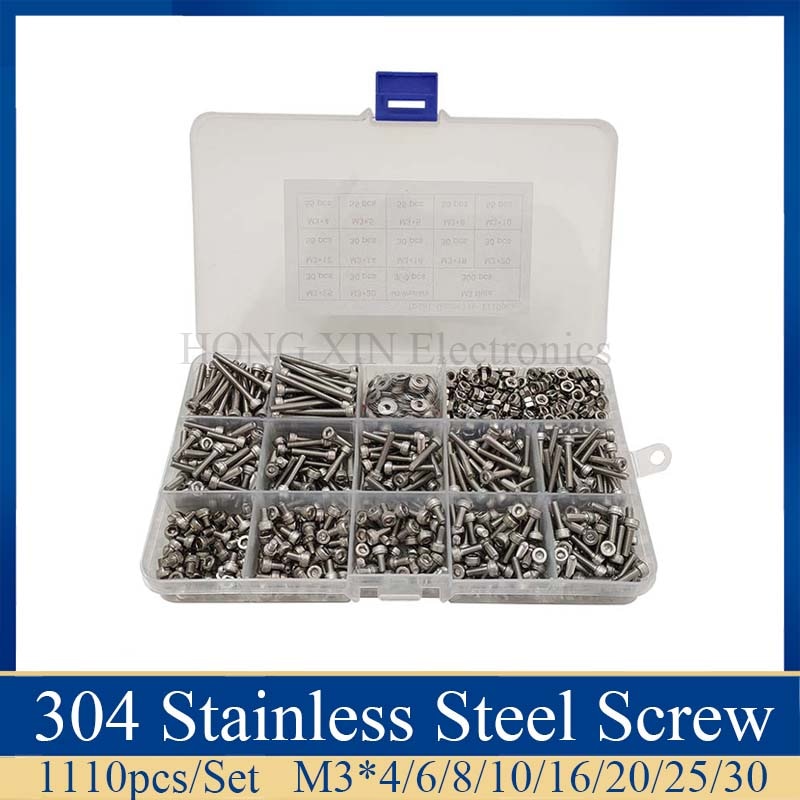 1110pcs/Set Stainless Steel M3 Socket Head Cap Screws and Nuts Flat Washer Assortment Kit with Tweezer