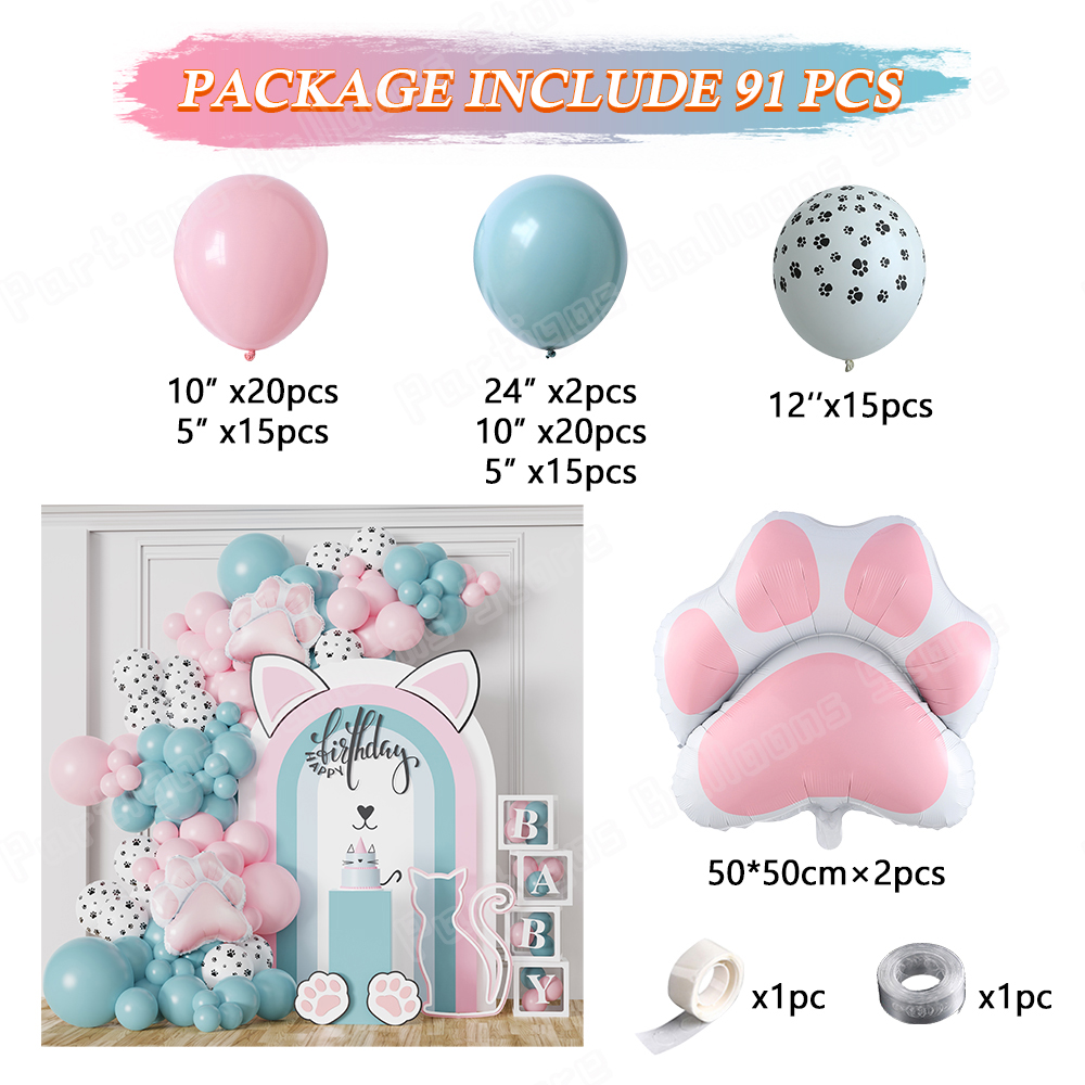 91 Uds globo temático de gato Meow guirnalda arco Rosa Pata de Gato globo de aluminio niños 1er cumpleaños Baby Shower decoración Globos