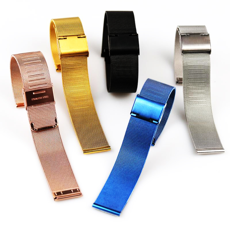 Correa de reloj de , 8mm, 10mm, 12mm, 14mm, 16mm, 18mm, 20mm, 22mm, 24mm, correa de reloj Milanesa De cuero y acero inoxidable plateado