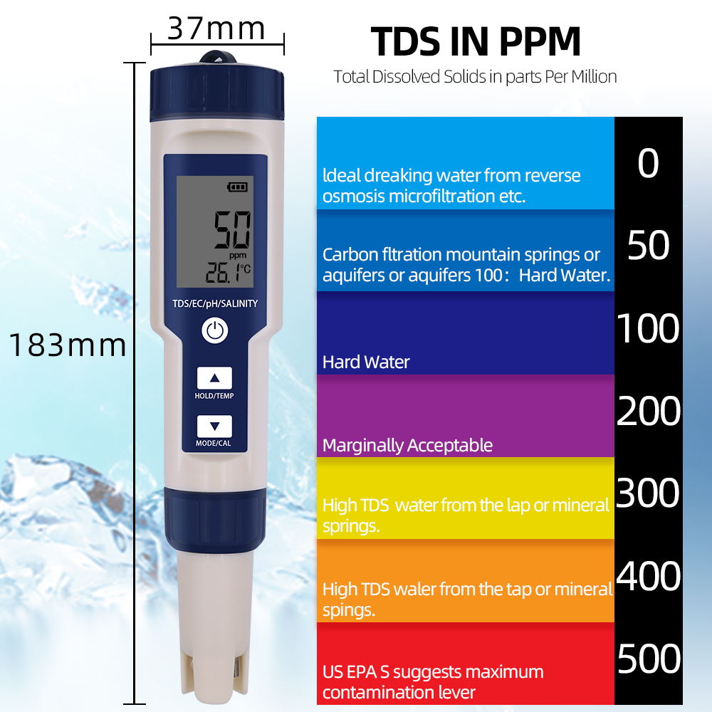 5 In 1 Digital PH TDS EC Meter Salinity Temperature Tester Conductivity Water Filter Purity Pen without backlight 40%off