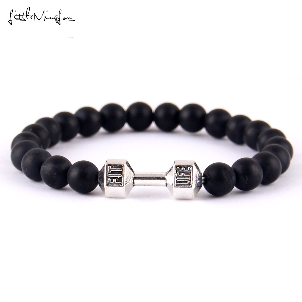 Little Minglittle Fit Life Dumbbell charm fitness bracelet Black Matte stone bead men Bracelets & bangles for women jewelry: 4238e