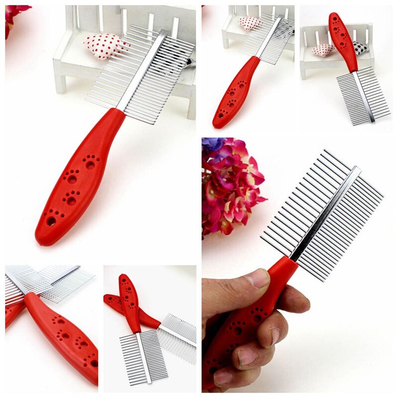Double Row Pets Comb Dogs Cats Cosmetology Fine Wool Stainless Steel Plastic Handle Combs Cleaning Brushes Color Random