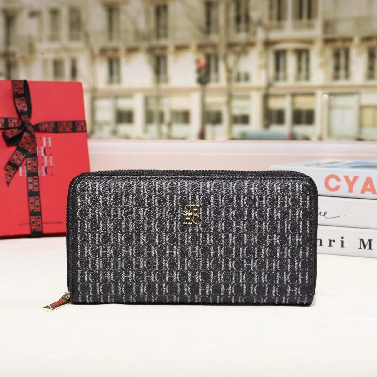 CH Premium Folding Printed Monogrammed Luxury Women's Handbags Square Wallet Classic Vintage: black
