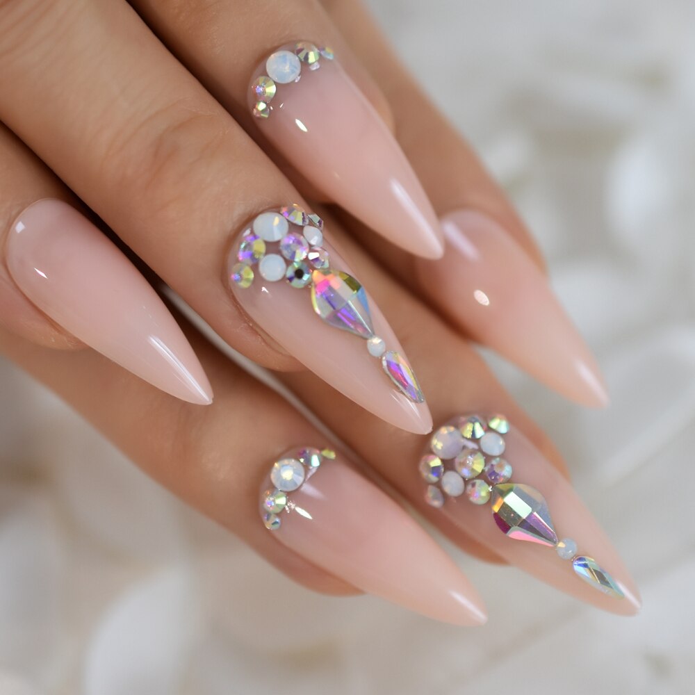 Faux-ongles nus, en ABS, longs brins pointus et Stiletto, en acrylique, artificiels, pointe en Strass pour manucure, 24