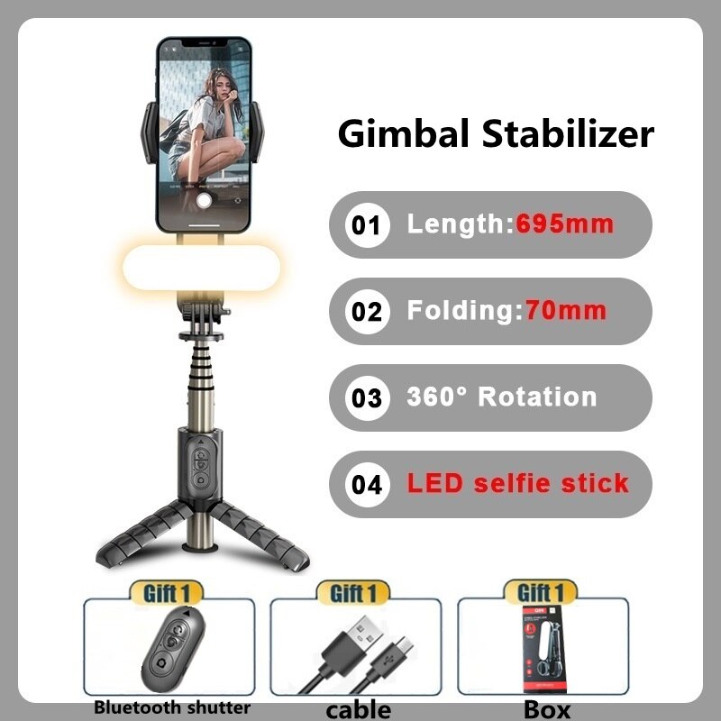 Handheld Gimbal Wireless Bluetooth Phone Gimbal Stabilizer With Fill Light Tripod Gimbal Smartphone Stabilizer Gimbal: Default Title