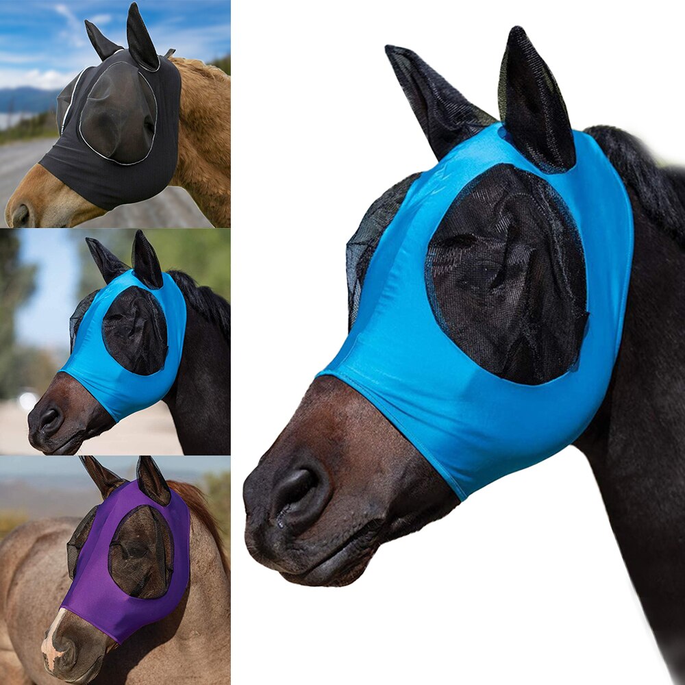 Reiten Atmungsaktive Vermaschten Pferd Maske Abdeckung Reit Pferd Ausrügestochen Fliegen Maske Motorhaube Netz Ohr Masken Schutz Pferd Pflege: Blau