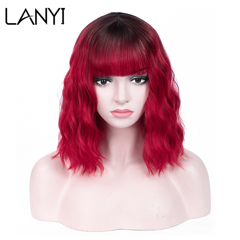 Perucas de cabelo curto ondulado sintético da onda de água com franja fibra resistente ao calor cosplay peruca de cabelo diário preto vermelho azul claro