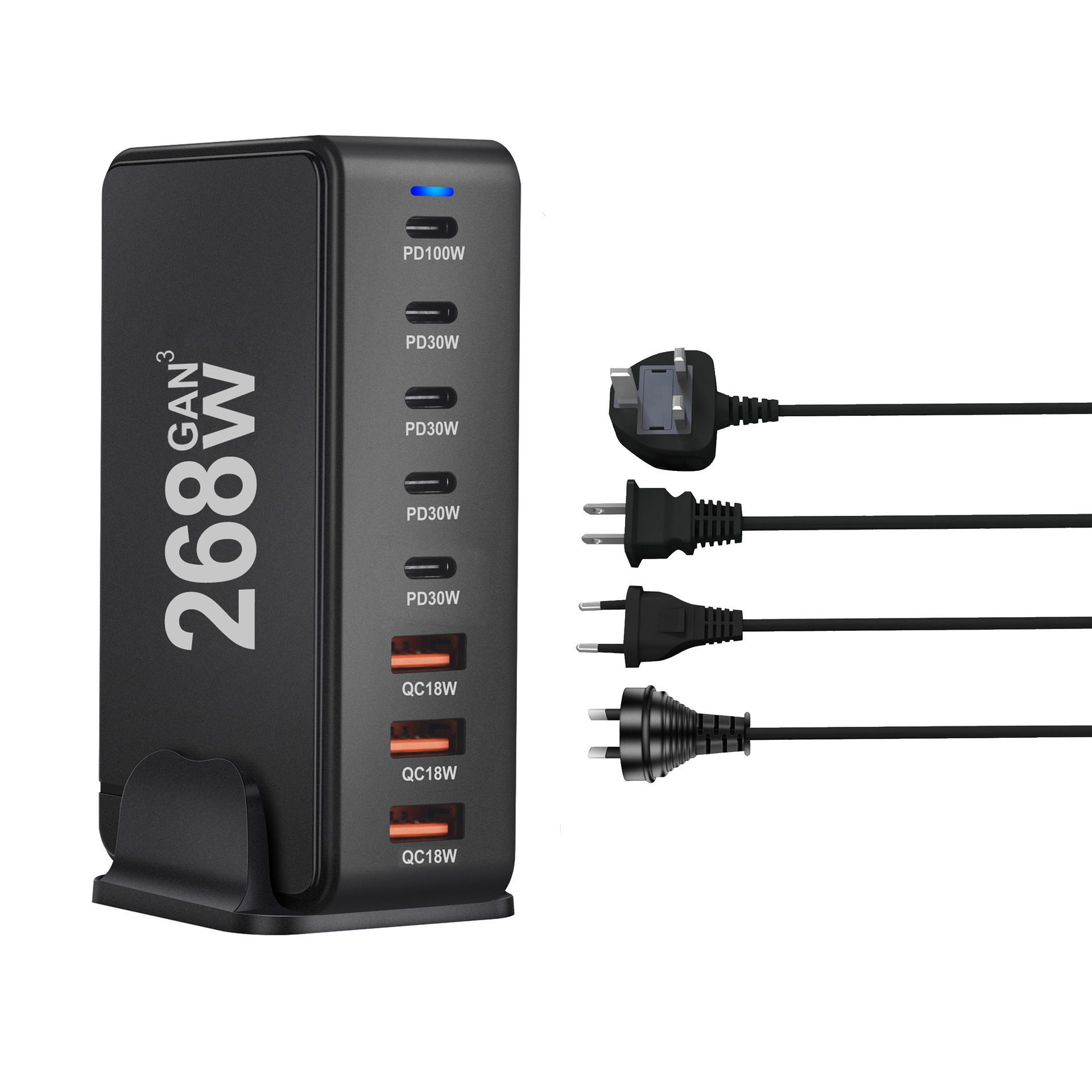 Uk eu au us stekker 268w gan pd wandlader met meerdere poorten, oplader voor mobiele telefoons, adapterhub, snellader voor op het bureau, eendenzwarte kleur