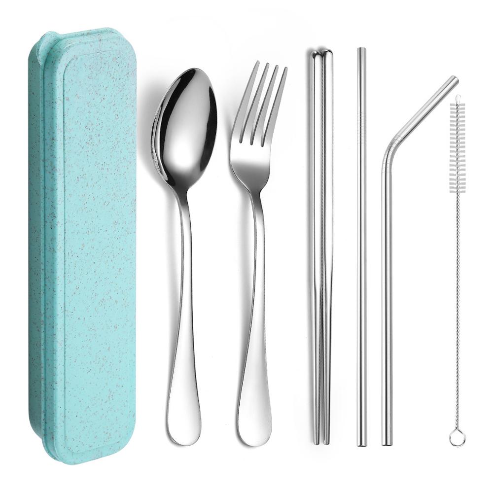 Food Grade 304 Stainless Steel Cutlery Set Silverware with Metal Straw Knife Fork Spoon Chopsticks 8Pcs Portable Travel Flatware: 7pcs silver set