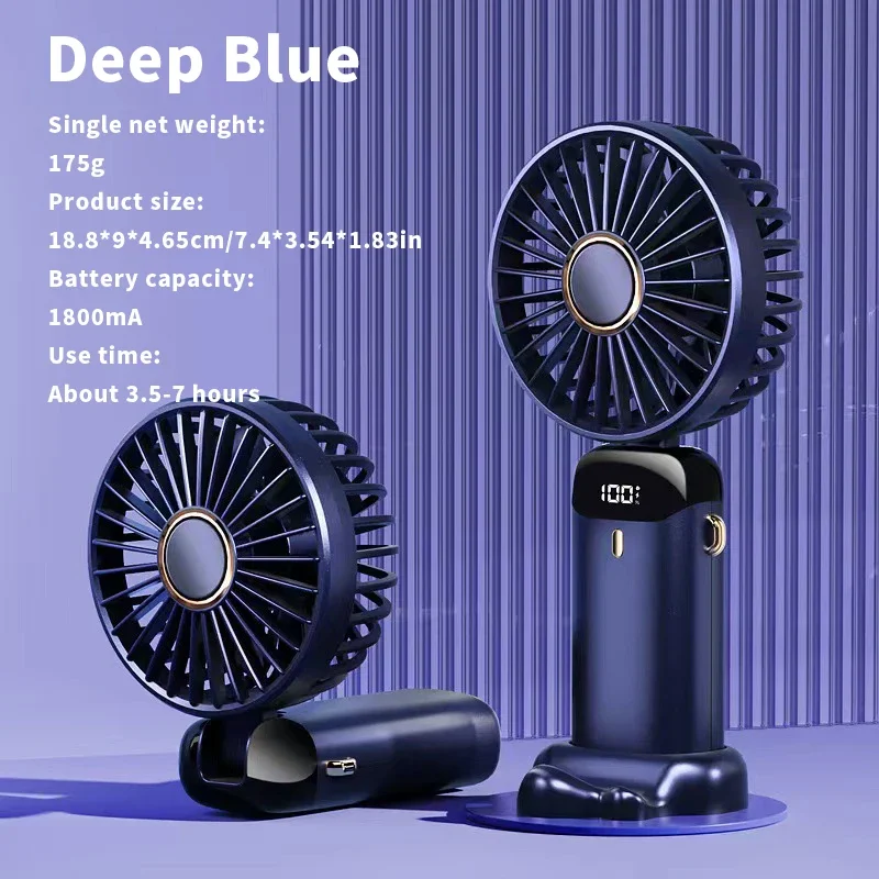Mini ventilador portátil dobrável, 3000mah, mesa externa, pendurado no pescoço, 5 velocidades, usb, recarregável, suporte para telefone, tela de exibição: Azul