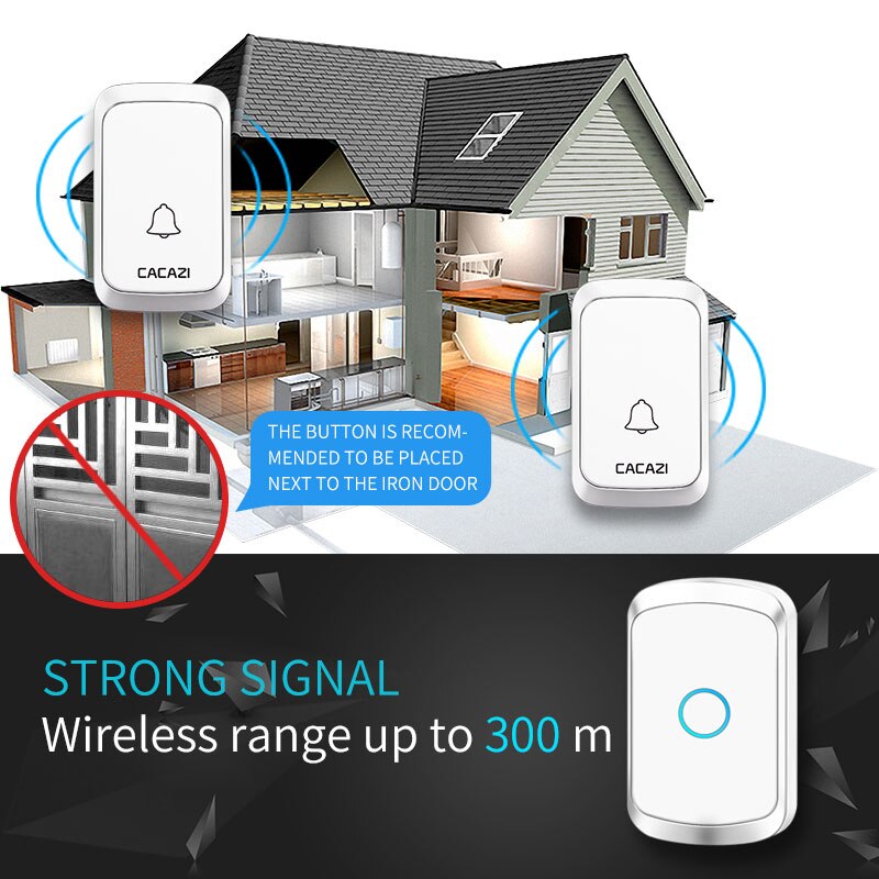 CACAZI Intelligent Wireless Doorbell Waterproof 2 Button 1 Receiver Home LED Light Battery Calling Bell Chime US EU UK AU Plug