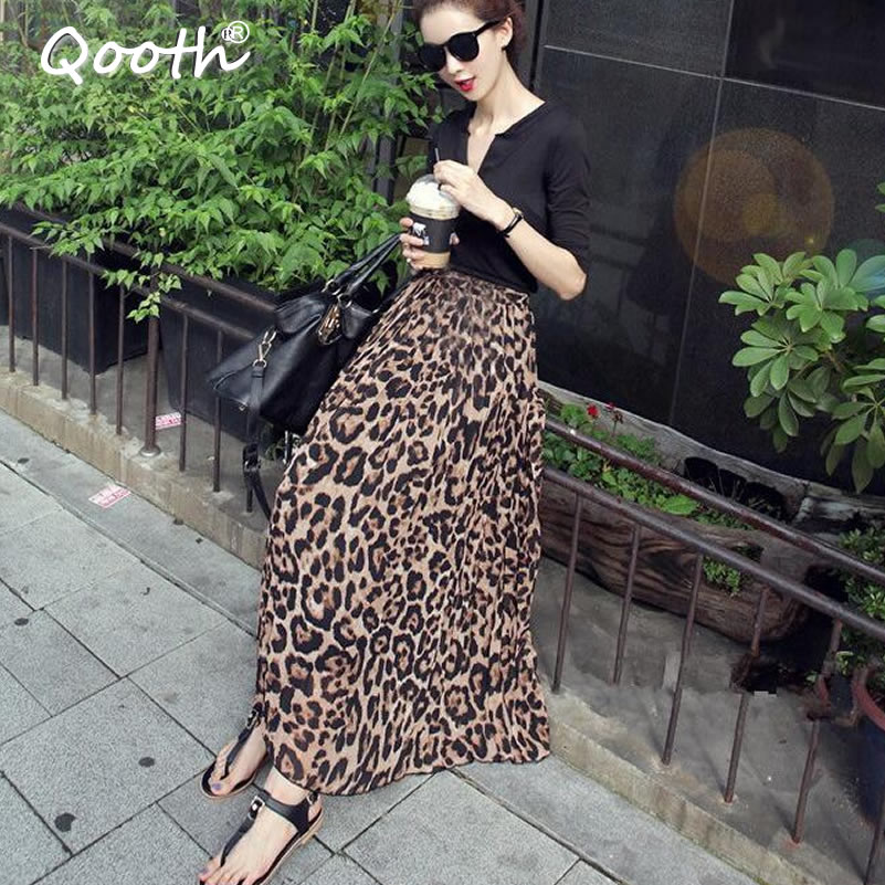 Qooth sommar höst kvinnor lång leopardkjol elastisk midja chiffong veckade kjolar casual maxi beach tryckt kjol  df650