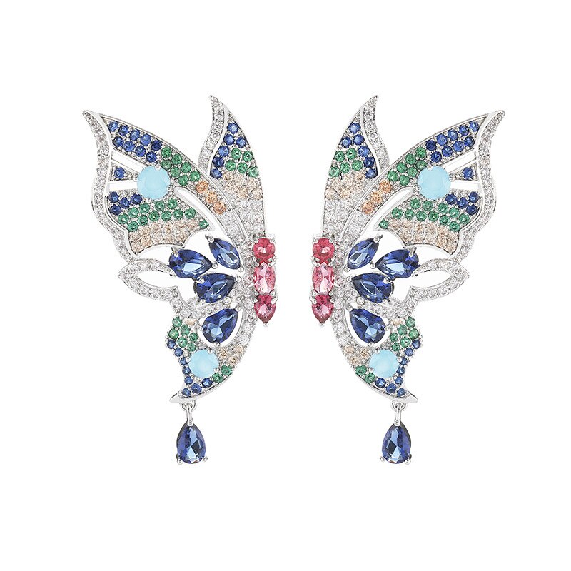 European and American style jewelry color zircon butterfly earrings female super fairy cold wind personality wild tassel earring