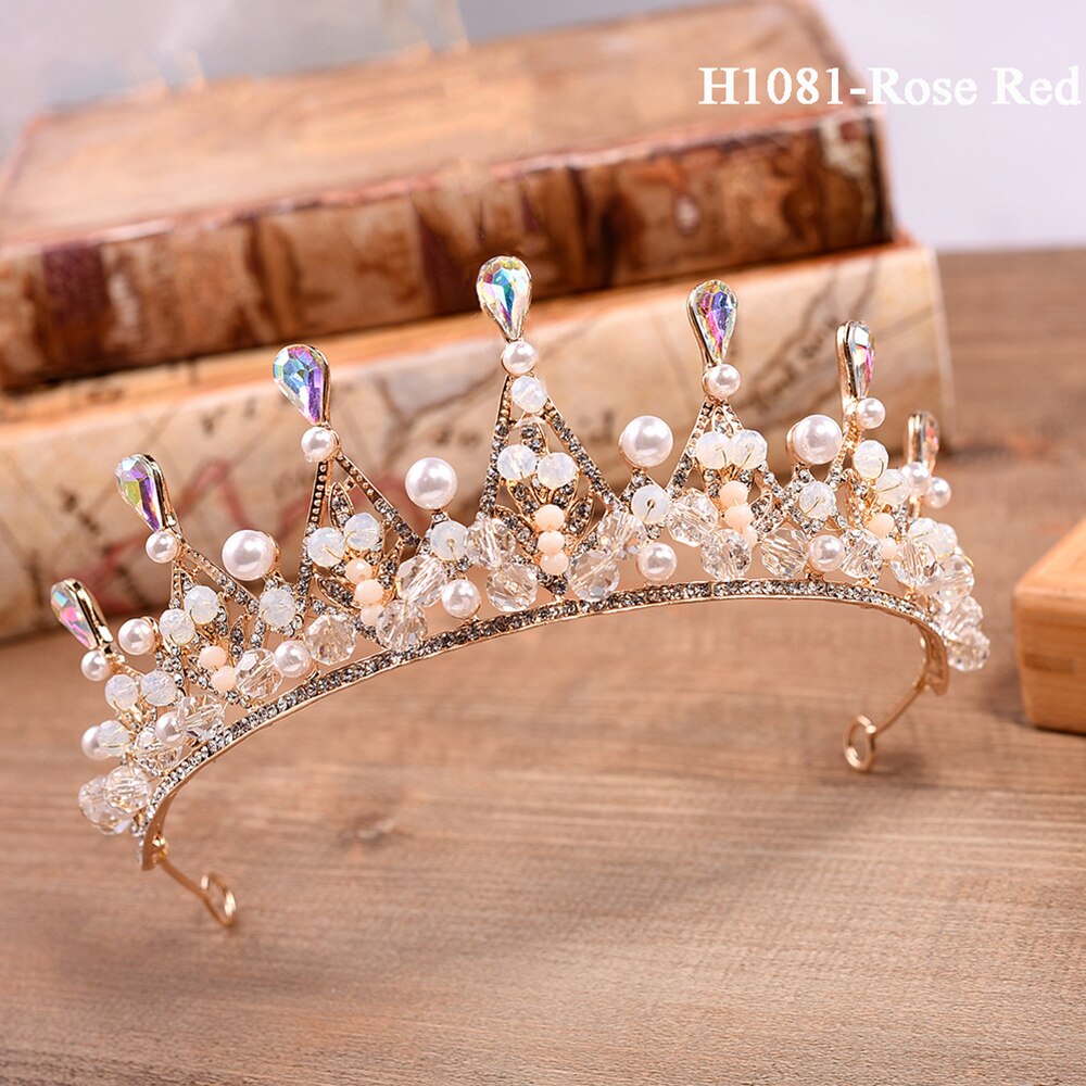 Traugel-couronne de mariée en or, diadème de luxe, couronne de mariage, accessoires de bijouterie pour femmes: H1081-Rose Red