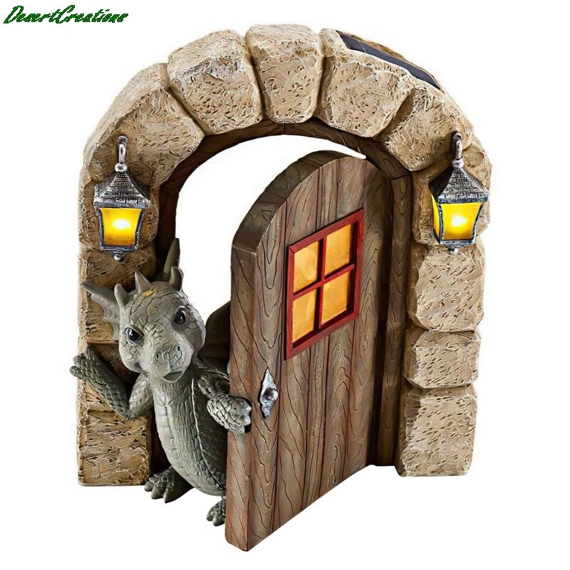 Dragon Statue Solar Garden Decoration Dragon Open The Door Window Figure Sculpture Home Outdoor Garden Decoration