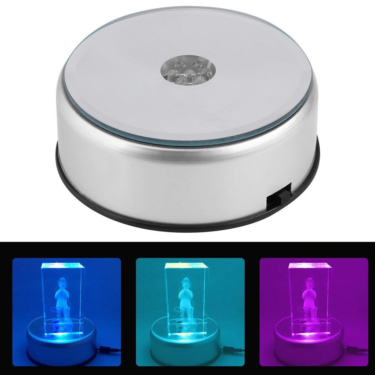 Roterende Elektrische Crystal Display Base Stand Houder Met Glas Transparante Objecten 7 Led Kleurrijke Lichtgevende Base Usb Licht
