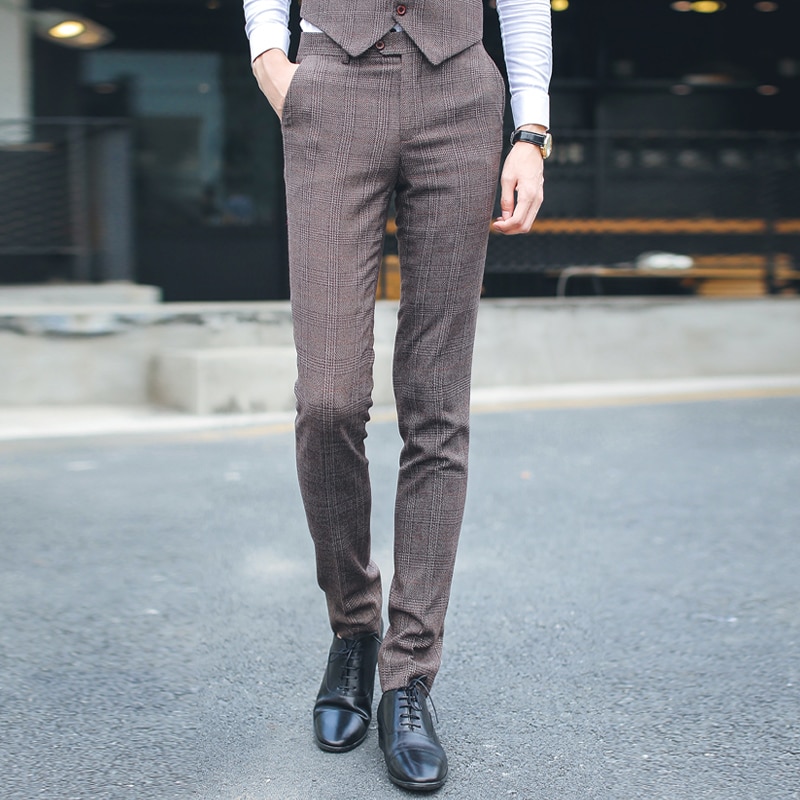 Mens High-end Brand Boutique Plaid Casual Business Suit Pants / British Casual Men Slim Casual Pants Trousers