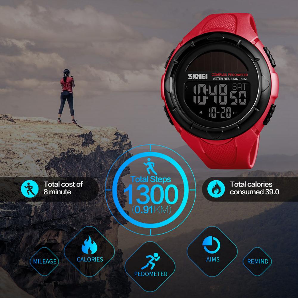 Skmei solenergi menn digital elektronisk kompass klokker 50m vanntette skritteller sport verdenstid kalorier el lette mannlige armbåndsur