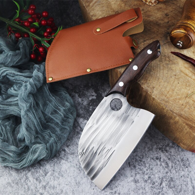 Stainless Steel Chef Knife Handmade Forged Sharp Cleaver Wide blade Butcher Knife Utility Vegetable Knives: knife with scabbard