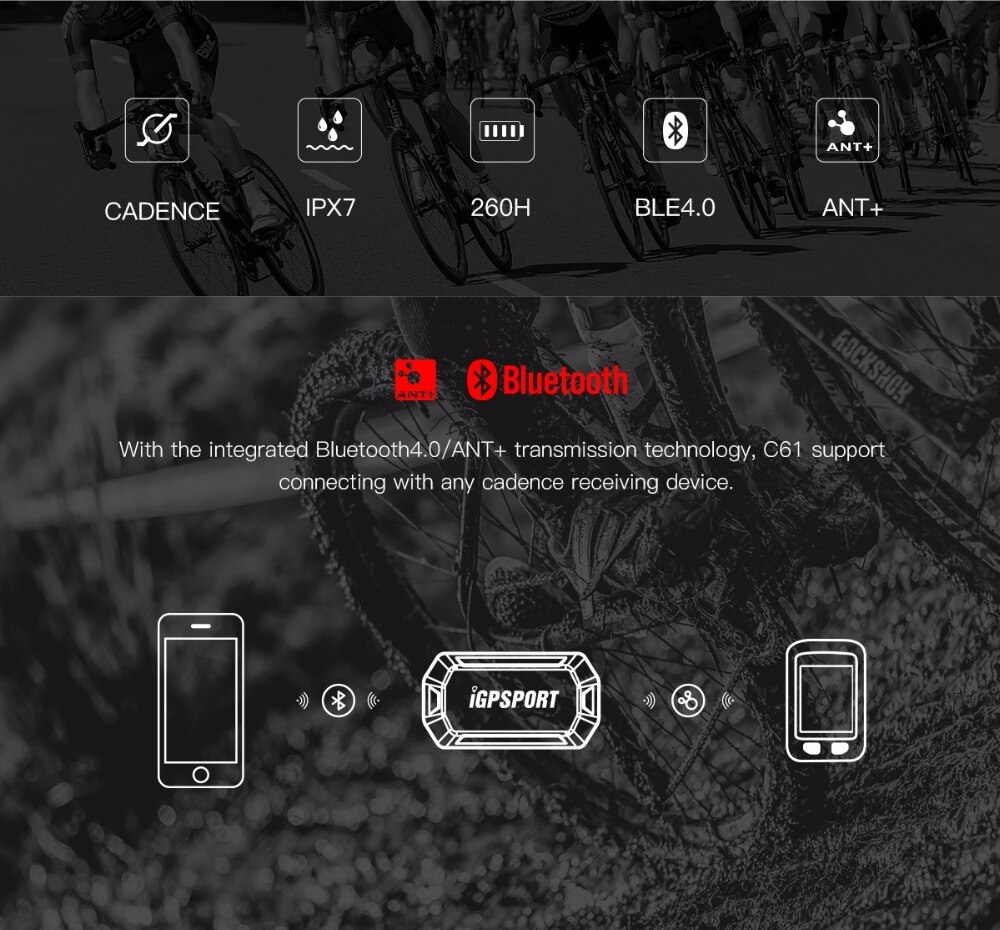 C61 iGPSPORT Built-in IPX6 Wireless Proof D 'Water Cadence Sensor for iGS10 iGS50E iGS618 Runtastic PRO Wahoo Strava Map
