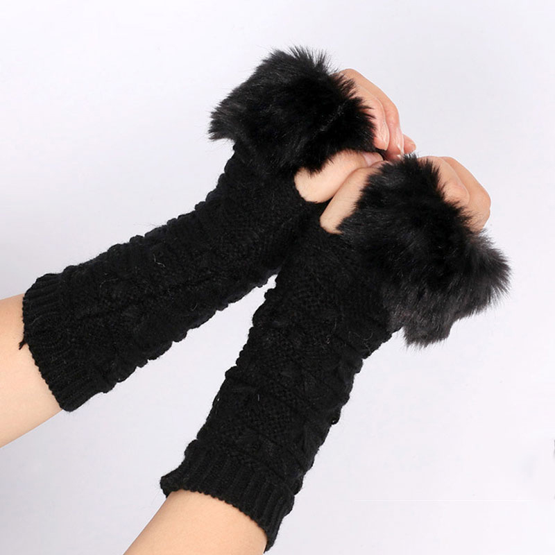 Guantes sin dedos para mujer, de lana de imitación, Crochet, calentador de muñeca , cálido para manos, mitones de medio dedo, invierno,: Negro