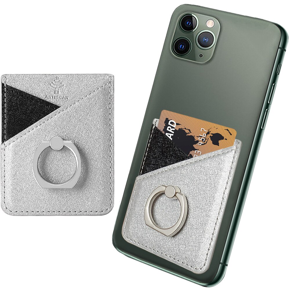Læder mobiltelefon kortholder tegnebog klistermærke til iphone 11 x xs max ring holder lomme kortspor klistermærke: Grå