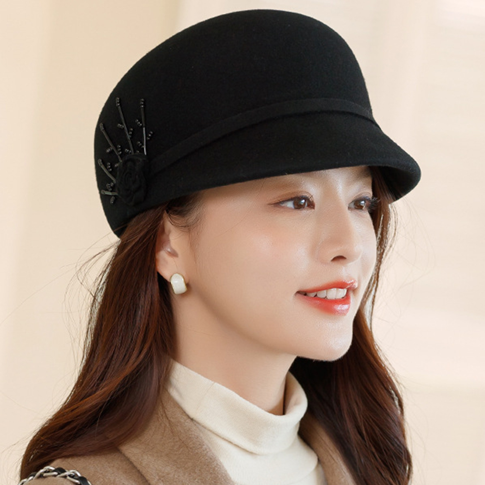 FS 2021 inverno caldo feltro di lana da donna cappellino da strillone cappelli berretto da donna coreano cappello a visiera pittore cappellini con accessori di fiori di lana