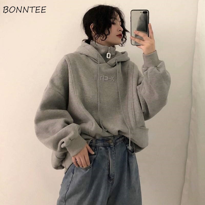 Sudaderas con capucha para mujer, ropa de calle de Ulzzang informal sencilla de estilo coreano a la de Otoño Invierno, ropa de mujer Lisa sueltos y suaves