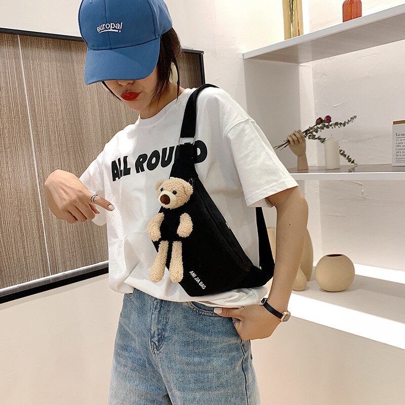 Koreaanse Ins Oude Gevoel Meisje Beer Borst Bag Vrouwelijke Japanse Studenten Canvas Taille Tas Zomer Kleine Satchel