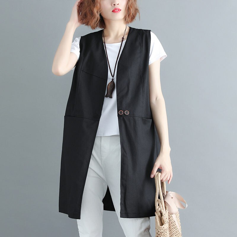 Chaleco largo holgado de lino y algodón para mujer, chaqueta lisa sin mangas con cuello en V, talla grande, f204, novedad de primavera y verano